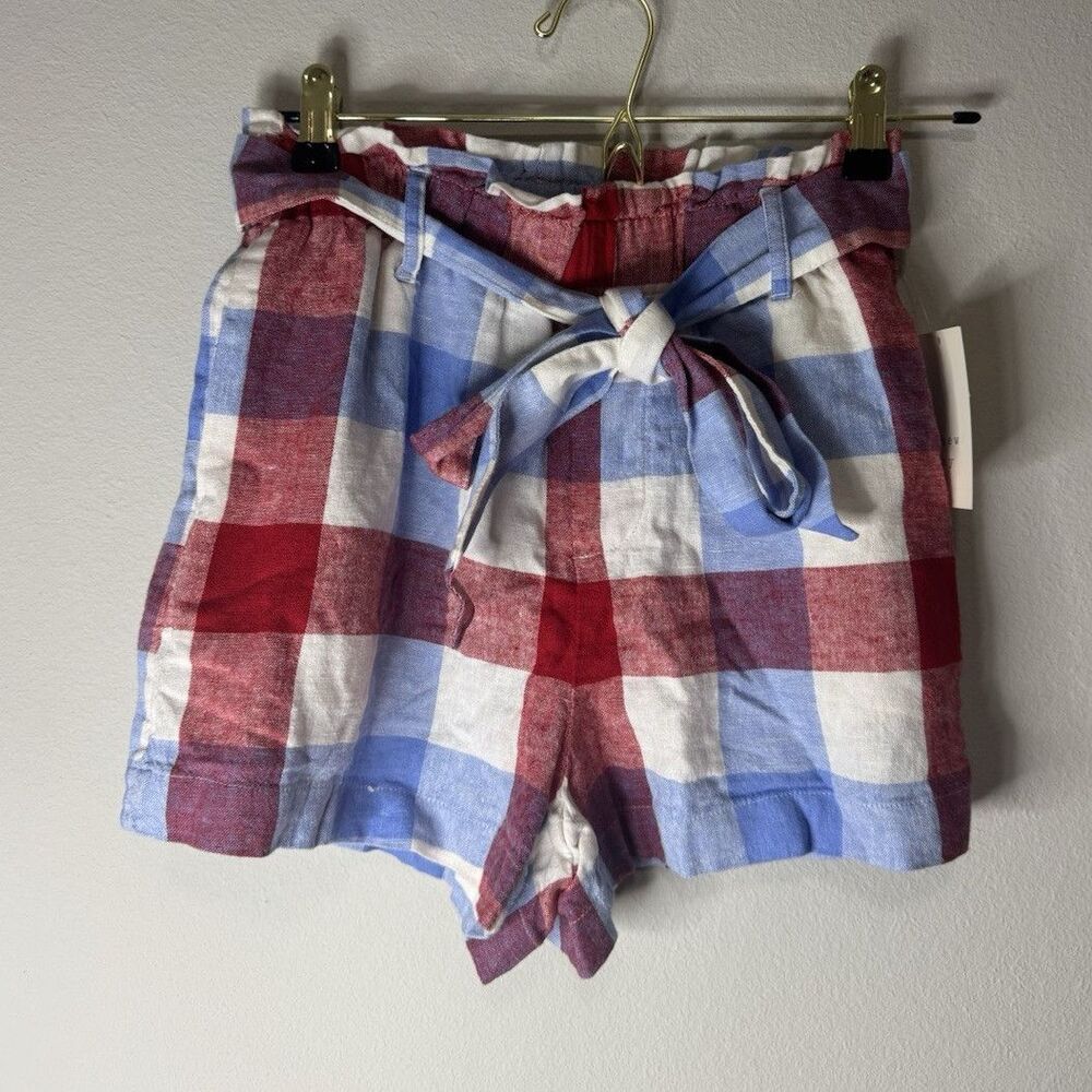 A New Day Women’s Red/Blue/White Plaid Linen High Rise Tie Waist Shorts XS